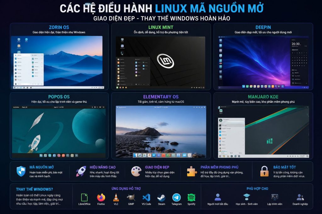Infographic so sánh các hệ điều hành Linux mã nguồn mở có giao diện đẹp gồm Zorin OS, Linux Mint, Deepin, Pop!_OS, Elementary OS và Manjaro KDE thay thế Windows.